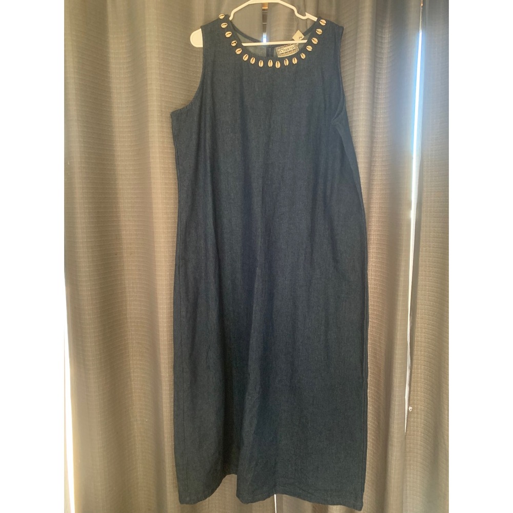 Molato Vintage Denim Maxi Dress Cowrie Shell Neckline Dark Wash Sleeveless 1X